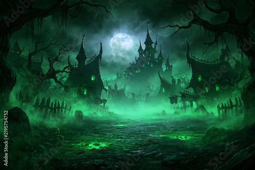 Sinister fantasy necropolis with ruined crypts, skeletal trees and ghostly green fire