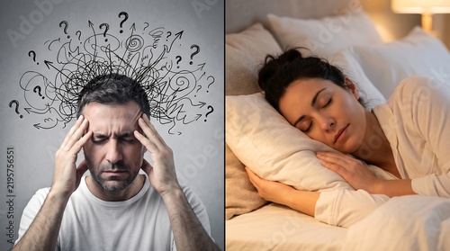 Stressed man with headache and sleeping woman in bed representing mental health contrast