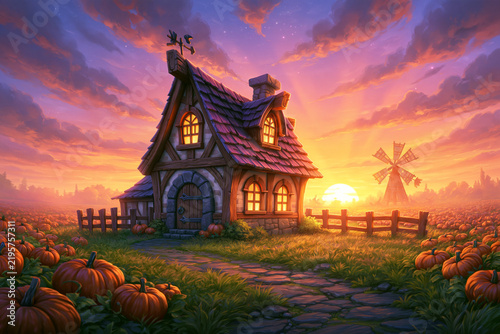 Cozy fantasy farmhouse on a vast meadow with pumpkin fields, windmill and sunset glow