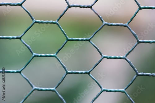 фотографія Close-Up of Metal Hexagonal Mesh Fence with Green Background for Industrial Desi
