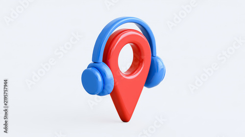 Red Location Pin with Blue Headphones, Audio Guide, Geolocation, Travel Navigation and Podcast Map Concept Isolated on White Background