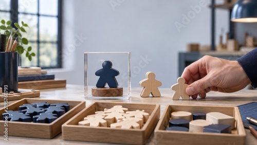 customer service experience personalization. A person arranges wooden game pieces on a table with various shapes in trays in a bright, modern room.