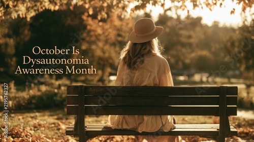 International Dysautonomia Awareness Month:banner photograph of a young woman sitting on a park bench during a walk, autumn park setting, the words 