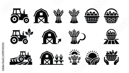 Foto Collection of black and white farm agriculture icons with tractors and harvest s