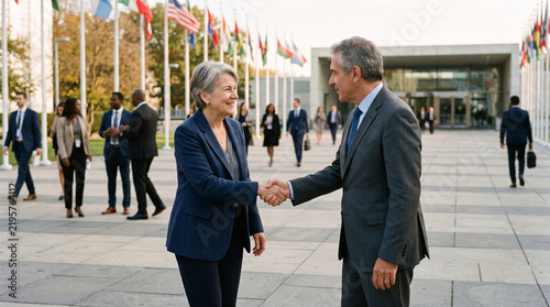 Diplomats shaking hands outside government building, international meeting and political cooperation  
