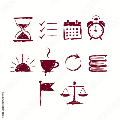 Set of hand drawn icons representing time management and daily productivity symbols on white background