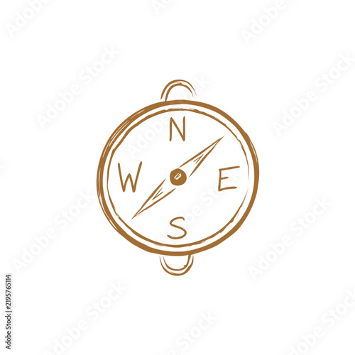 Minimalist hand drawn brown ink sketch of a nautical compass isolated on white background