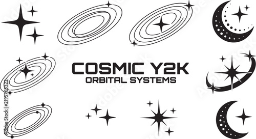 Cosmic Y2K orbital systems vector set, retro futuristic space elements, black celestial stars and crescent moons