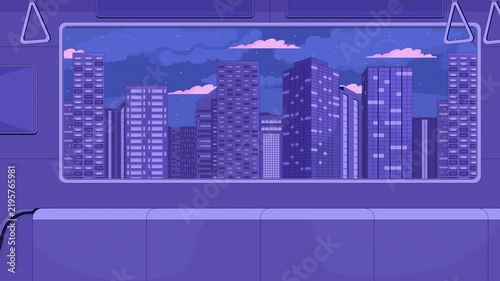 Night city skyline viewed from empty train interior animated background. Hand straps swaying. Subway car window cityscape. Vacant metro carriage. Urban transit. Flat 2D cartoon backdrop animation