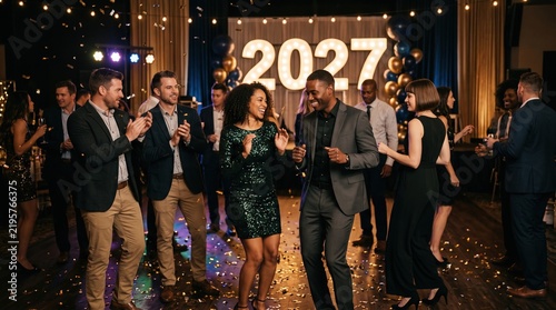 Adults dancing at a decorated corporate celebration