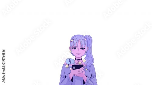 Anime girl with pastel purple ponytail looking at smartphone 2D character animation. Cute digital lifestyle. Teenager texting on social media animated person cartoon 4K video on transparent background