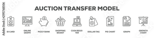 Auction Transfer Model with icon of ID card, Online graph, Piggy bank, Shopping basket, Cash register, Dollar tag, Pie chart, Graph, Growth chart