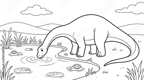 Dinosaur Drinking From Pond With Lily Pads on a Plain Background