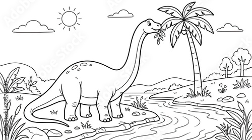 Dinosaur in Prehistoric Landscape With Palm Tree and River