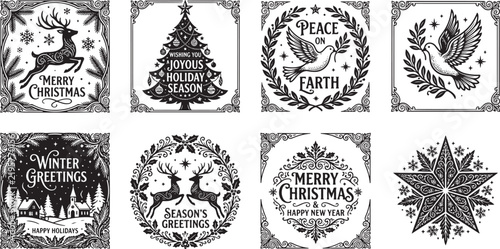 Vintage style Christmas greeting cards collection with rustic winter holiday illustrations.