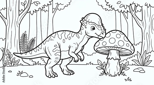 Dinosaur Standing Near Spotted Mushroom in Forest Coloring 