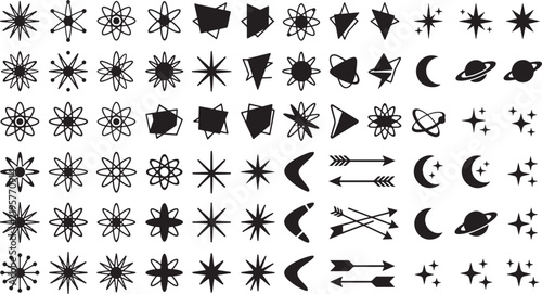 Mid century modern atomic shapes stars and cosmic symbols set in black silhouette style.