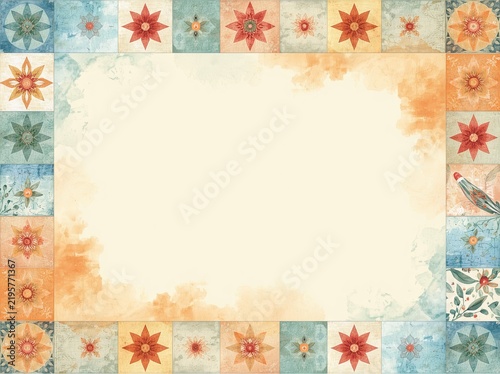 Patchwork star quilt border frame with blank center