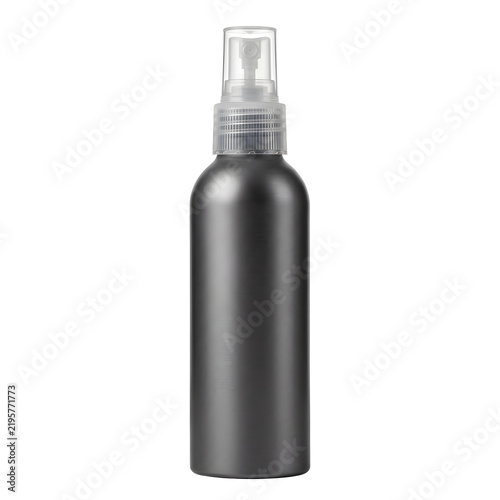 Matte black cosmetic spray bottle container on transparent background