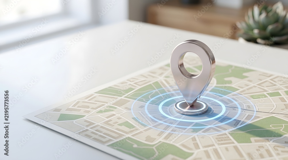 Naklejka premium 3D location pin marker on detailed map with concentric targeting rings for navigation and logistics planning