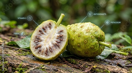 Fresh organic noni fruit with nutritional health benefits of vitamins, antioxidants, fiber, and potassium