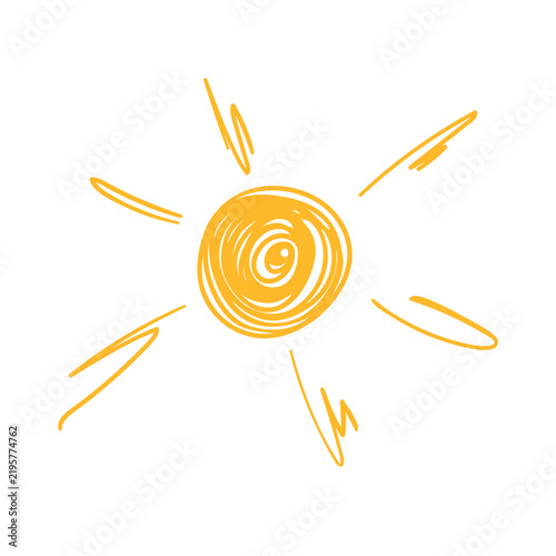 Yellow linear sun. Hand drawn sun logo. Sunny summer travel concept.