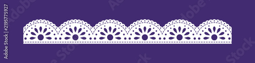 Vector seamless delicate lace border with repeating scalloped floral pattern and fine ornamental detailing. Vintage coquette trim adds elegant charm to wedding stationery and cards.