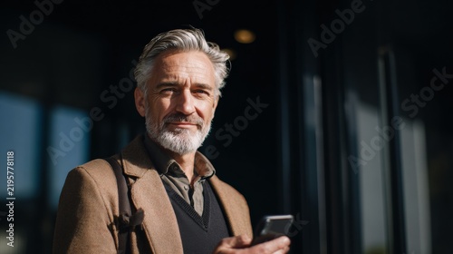 Man with gray hair and beard holds smartphone while standing indoors during daylight hours