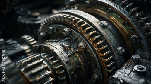 Close-up view of gears in a mechanical assembly showing detailed structure and wear