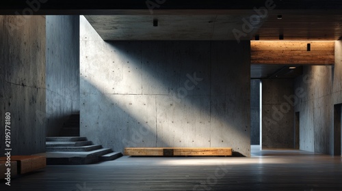 Light enters a modern space highlighting concrete walls and wooden elements in a minimalist design