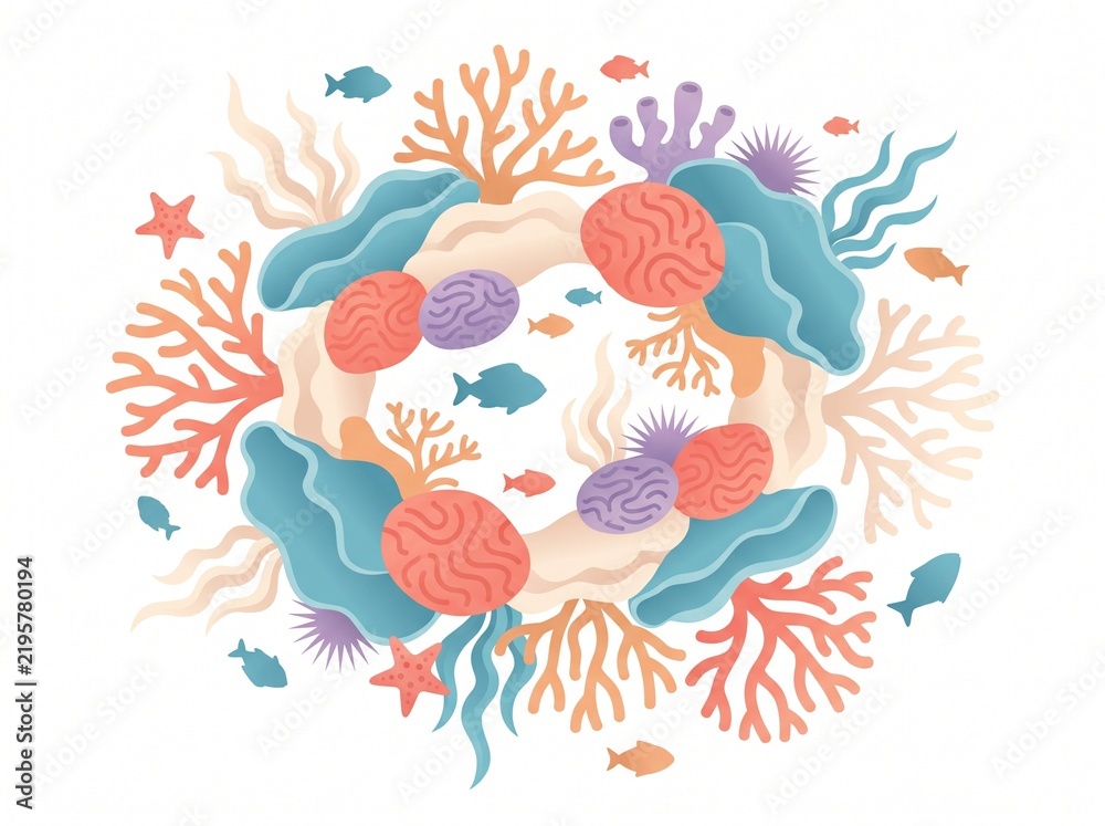 Fototapeta premium Colorful coral reef wreath with tropical fish illustration
