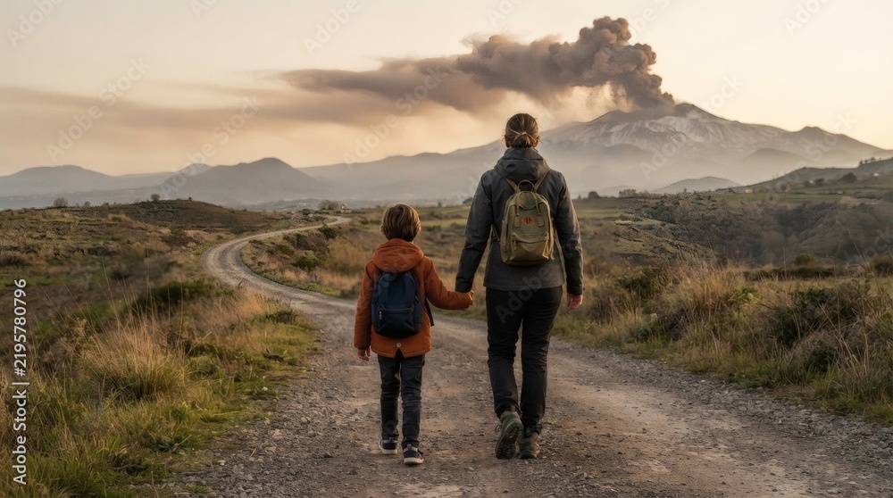 Obraz premium Mother and child walking on a country road towards a smoking volcano