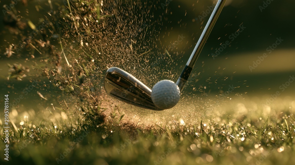 Fototapeta premium Close-up of golf club striking golf ball with dirt flying on grass field during golden hour in outdoor sport activity