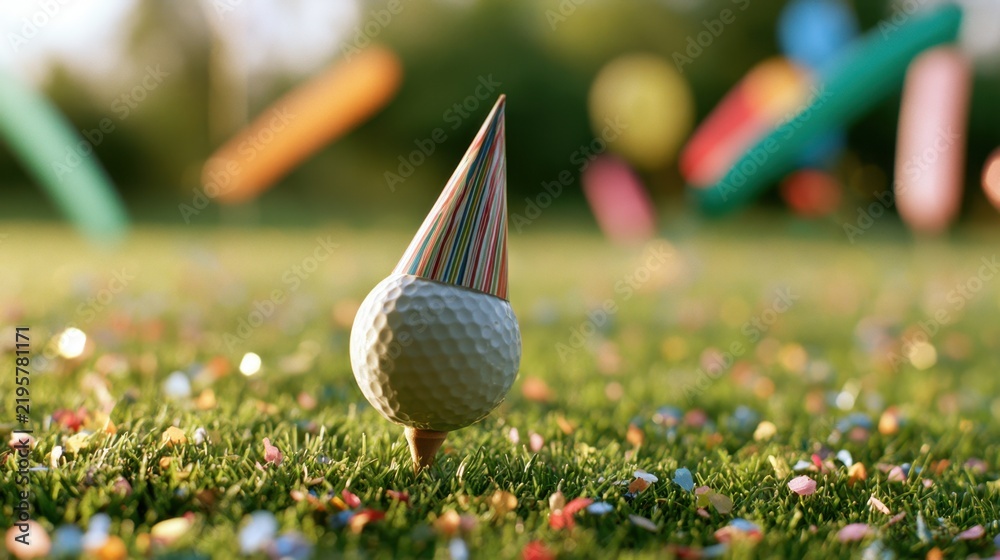 Fototapeta premium Close-up of golf ball wearing colorful striped party hat on tee surrounded by scattered bright confetti on green grass lawn
