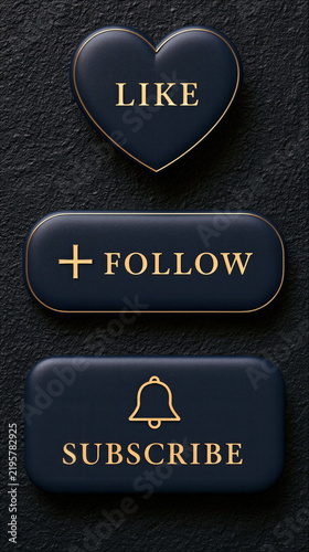 Dark blue social media button set with gold heart, follow, and subscribe symbols on black textured background