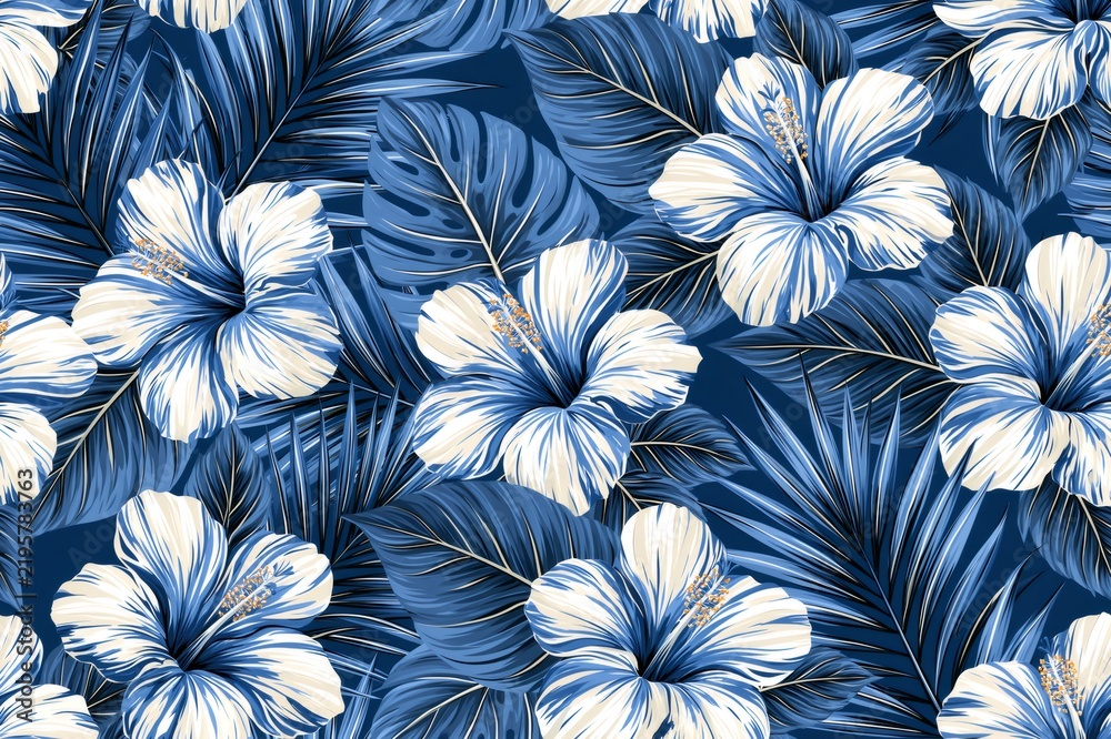 Obraz premium Blue hibiscus tropical floral pattern with palm leaves