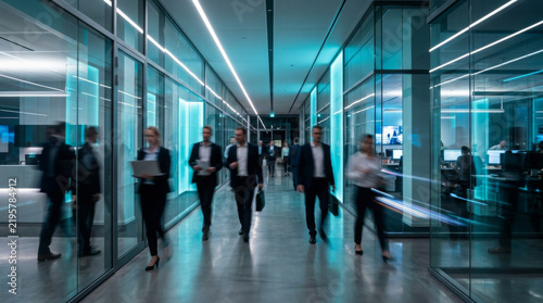 Diverse business professionals walking through a modern glass office corridor with blue lighting