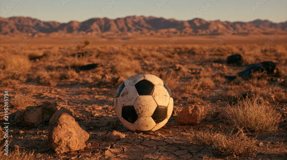 Fototapeta premium Weathered soccer ball abandoned on dry cracked desert ground with rocky terrain and mountain range in warm sunset light