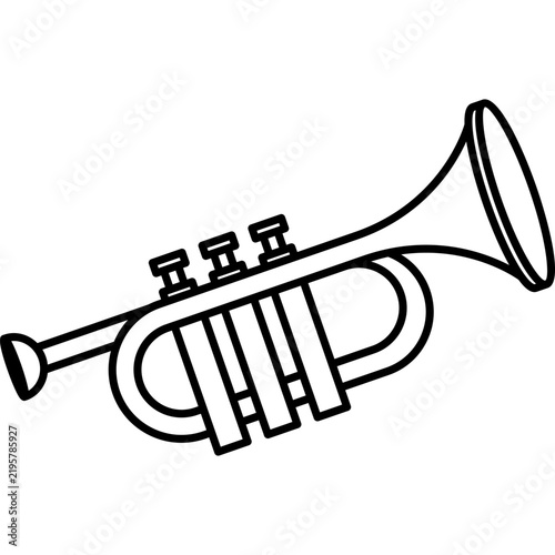 A minimalist line art illustration of a trumpet, featuring a clean black outline on a dark background, representing music, jazz, brass instruments, and artistic simplicity.