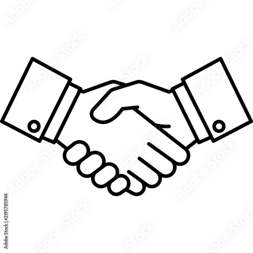 A simple, minimalist line art illustration of a handshake on a solid black background, symbolizing partnership, trust, and agreement with clean geometric lines and a dark, modern aesthetic.