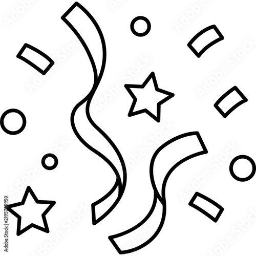A minimalist black line art illustration depicting falling confetti, stars, and wavy streamers, symbolizing celebration, party, and festive events in a clean graphic style.