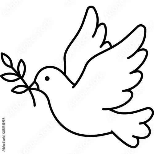 A simple black line art drawing of a flying dove holding an olive branch in its beak, representing peace, hope, and harmony on a dark background.