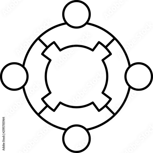 A simple black line art icon depicting a central circle connected to four outer circles, symbolizing unity, partnership, network connection, and collaborative teamwork on a dark background.