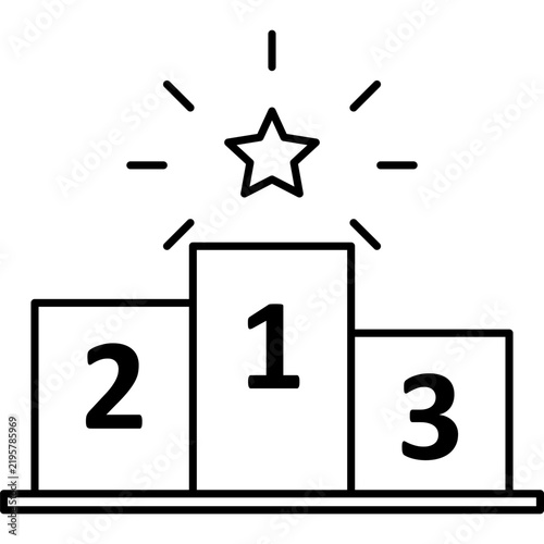 A minimalist black and white line icon depicting a three-tiered sports podium with numbers one, two, and three, topped by a shining star symbol on a dark background.