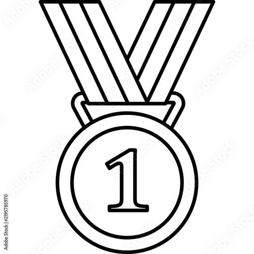 A simple black outline vector illustration of a first-place winner medal with a striped ribbon, symbolizing victory, success, and accomplishment on a transparent background.