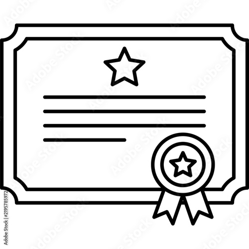 A simple, minimalist line icon of a certificate or diploma featuring a star emblem and a ribbon seal, presented in dark grey lines on a solid black background.