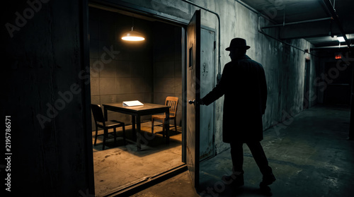 Detective opening a dark interrogation room door in a gritty police station with dramatic moody lighting