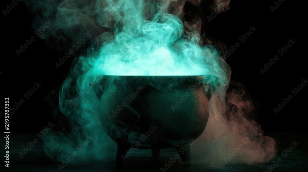 Obraz premium Dark mystical cauldron filled with glowing blue smoke mist creating magic and mysterious atmosphere on black background