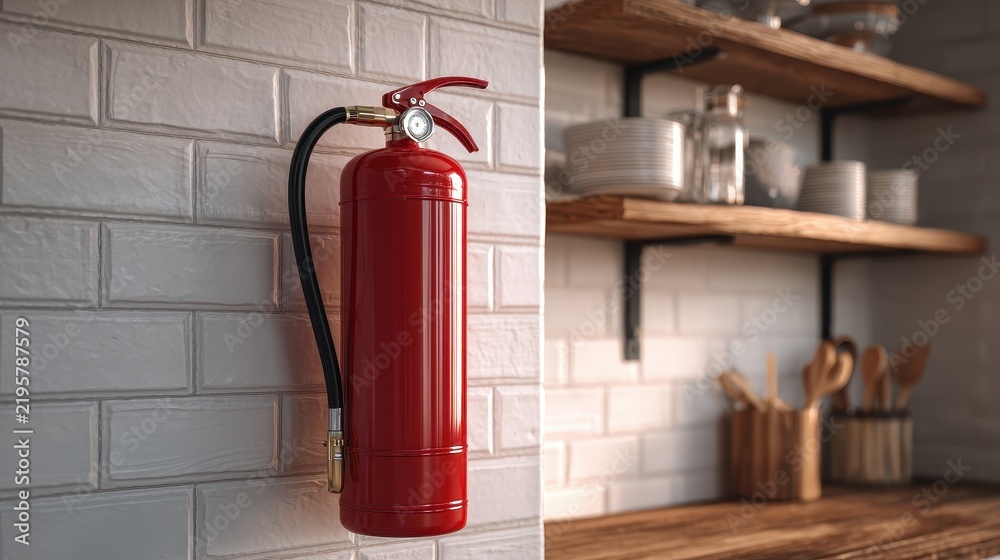 Fototapeta premium Red fire extinguisher mounted in a modern kitchen on a wall near kitchen shelves with dishes and utensils