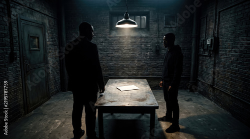 Two men at interrogation table in dark gritty brick room with overhead hanging lamp and suspicious file